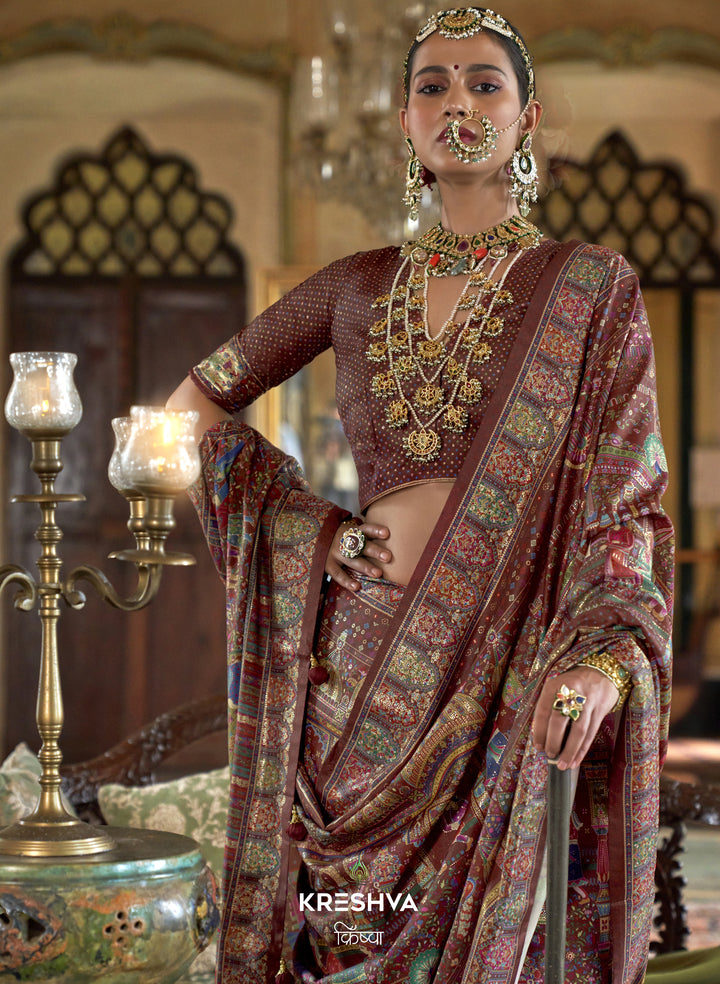Royal Brown Heritage Pashmina Inspired Designer Saree with Heavy Traditional Border