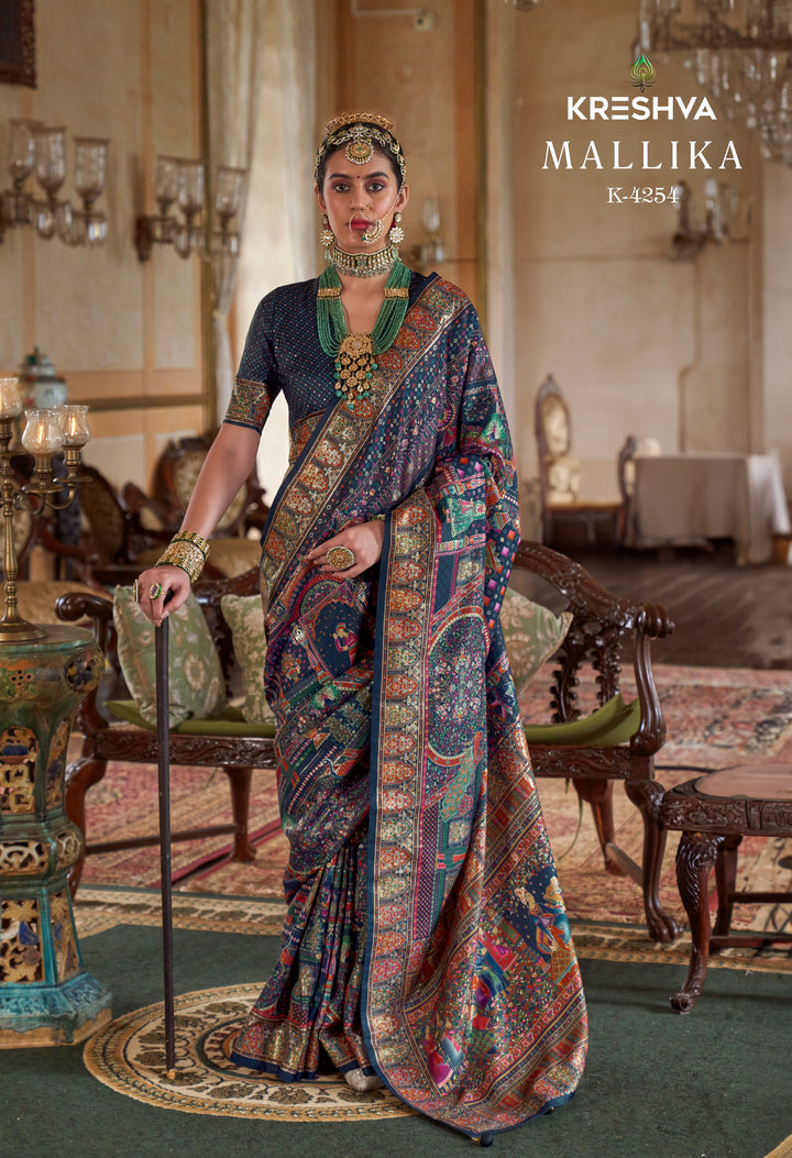 Deep Teal Heritage Pashmina Inspired Designer Saree with Royal Traditional Border