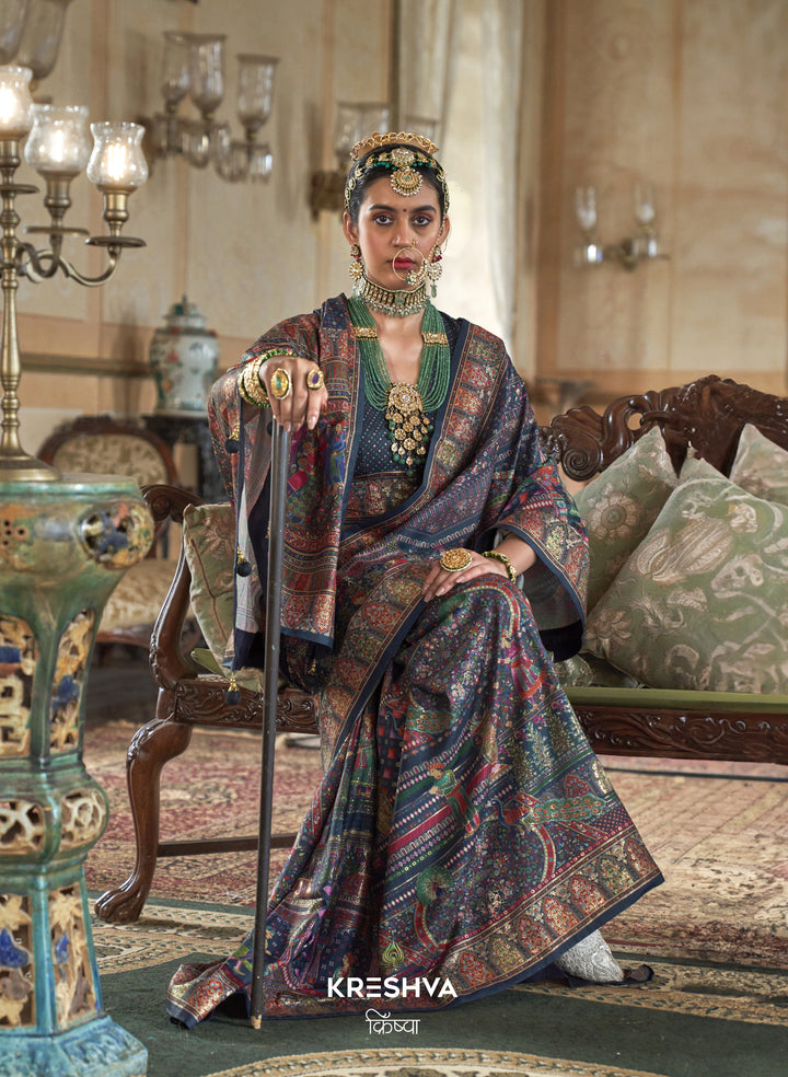 Deep Teal Heritage Pashmina Inspired Designer Saree with Royal Traditional Border
