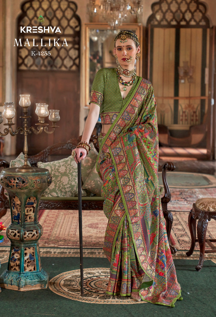 Olive Green Heritage Pashmina Inspired Designer Saree with Royal Traditional Border