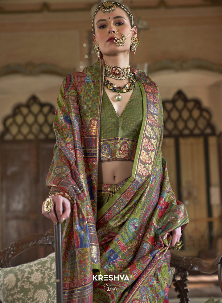 Olive Green Heritage Pashmina Inspired Designer Saree with Royal Traditional Border
