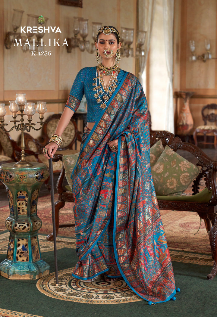 Teal Blue Heritage Pashmina Inspired Designer Saree with Royal Traditional Border