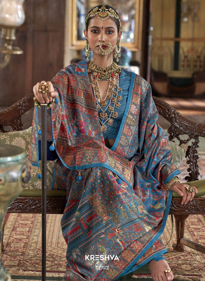 Teal Blue Heritage Pashmina Inspired Designer Saree with Royal Traditional Border