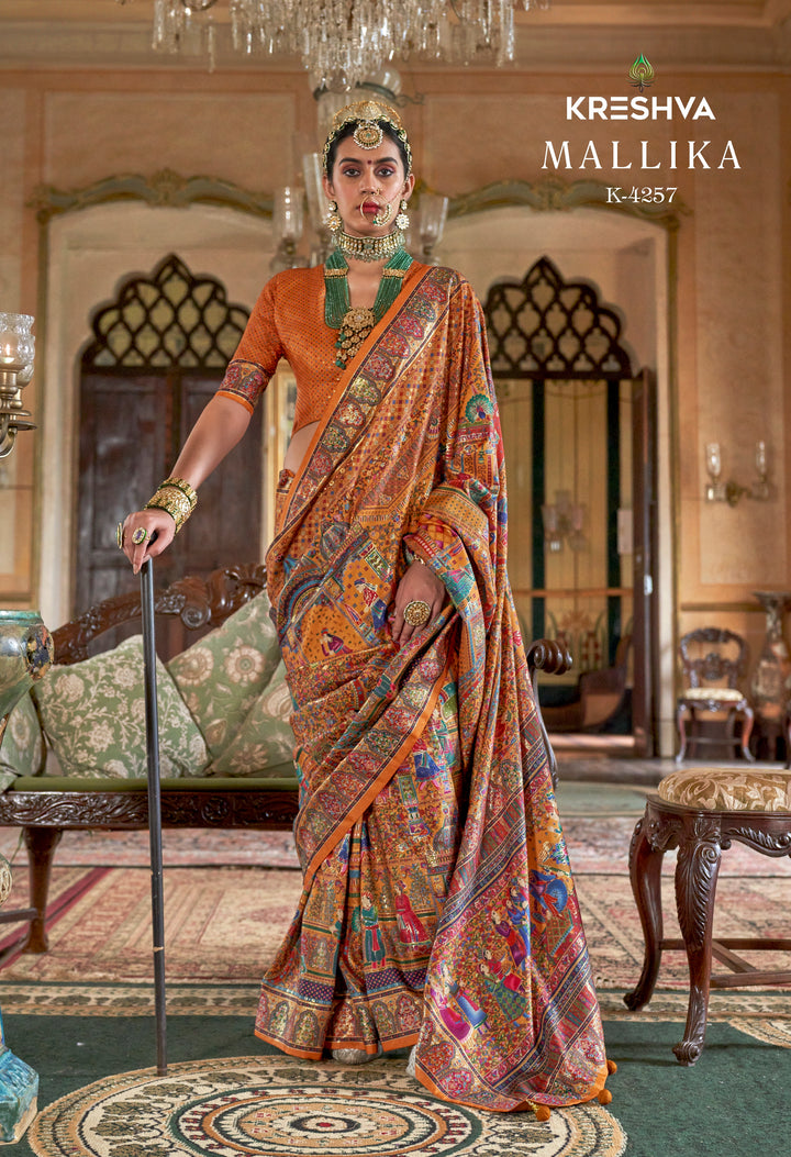 Mustard Gold Heritage Pashmina Inspired Designer Saree with Royal Multicolour Border