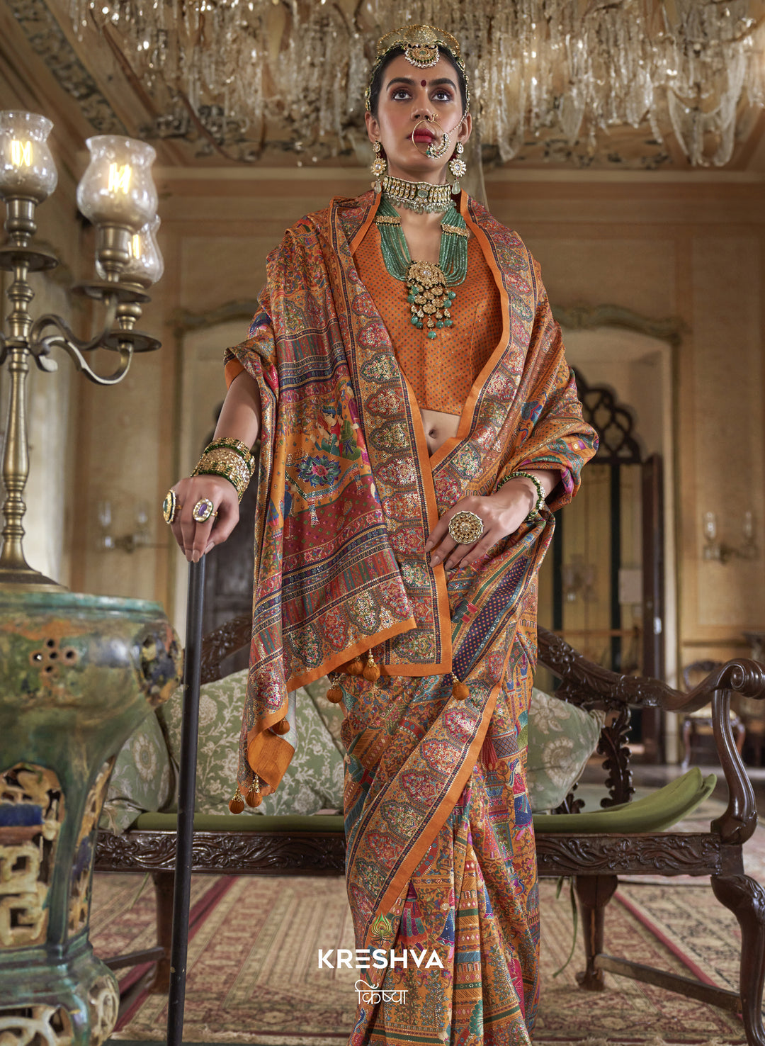 Mustard Gold Heritage Pashmina Inspired Designer Saree with Royal Multicolour Border