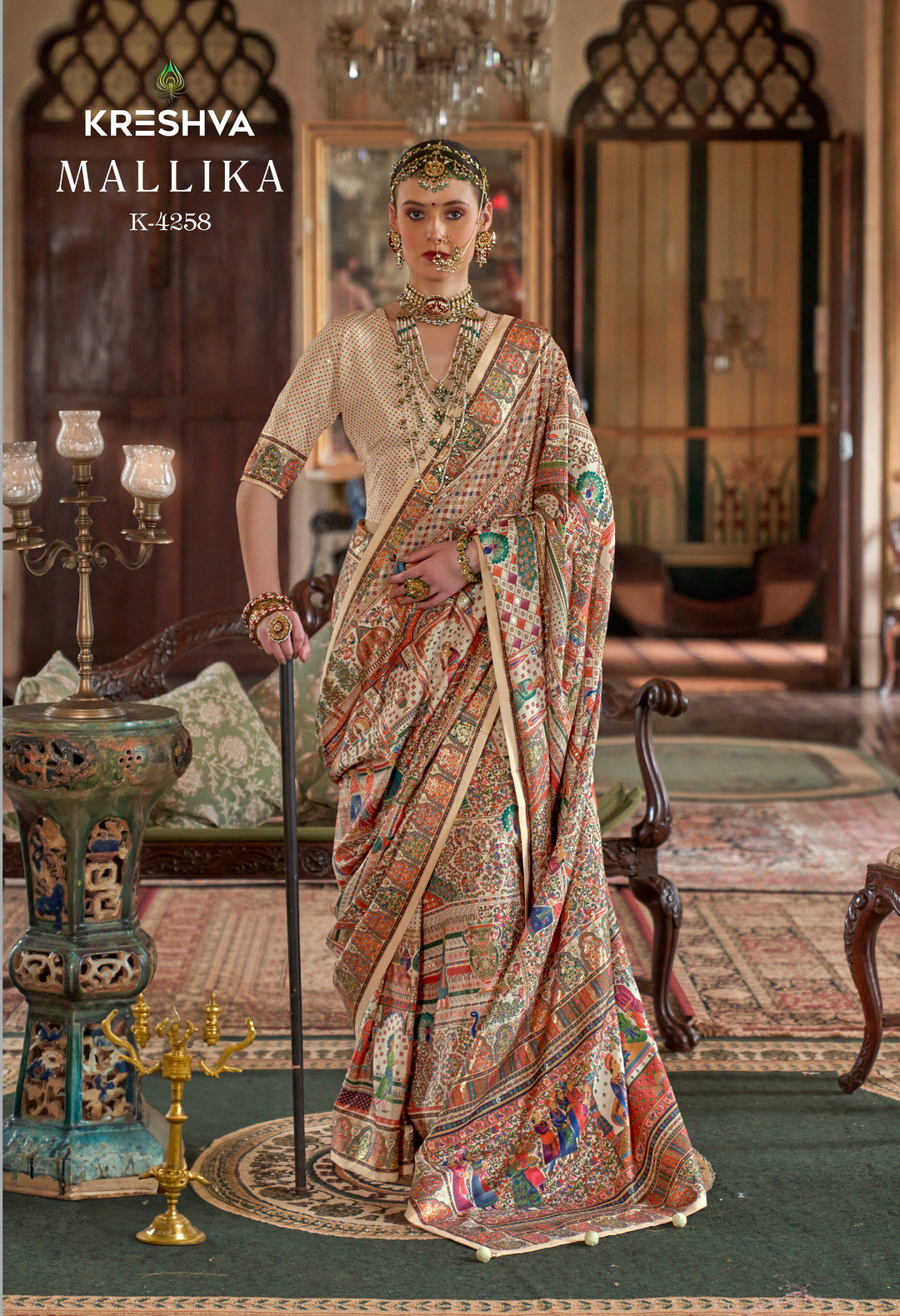 Cream Heritage Pashmina Inspired Designer Saree with Royal Multicolour Border