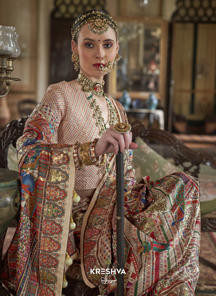 Cream Heritage Pashmina Inspired Designer Saree with Royal Multicolour Border