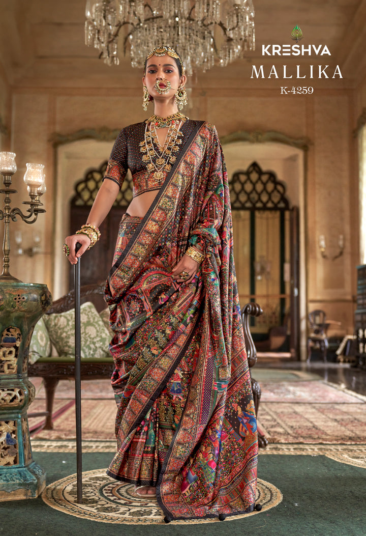 Black Heritage Pashmina Inspired Designer Saree with Royal Multicolour Border