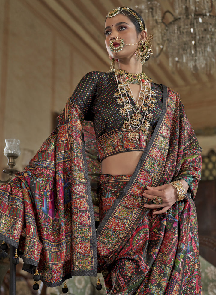 Black Heritage Pashmina Inspired Designer Saree with Royal Multicolour Border