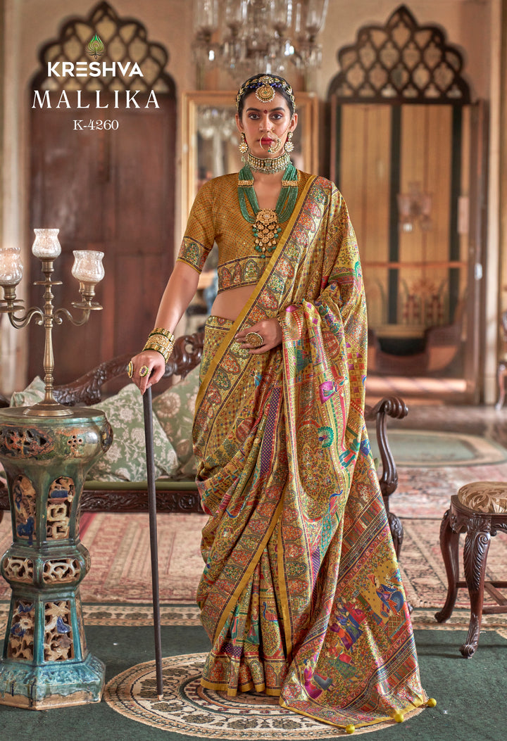 Antique Gold Heritage Pashmina Inspired Designer Saree with Multicolour Royal Border