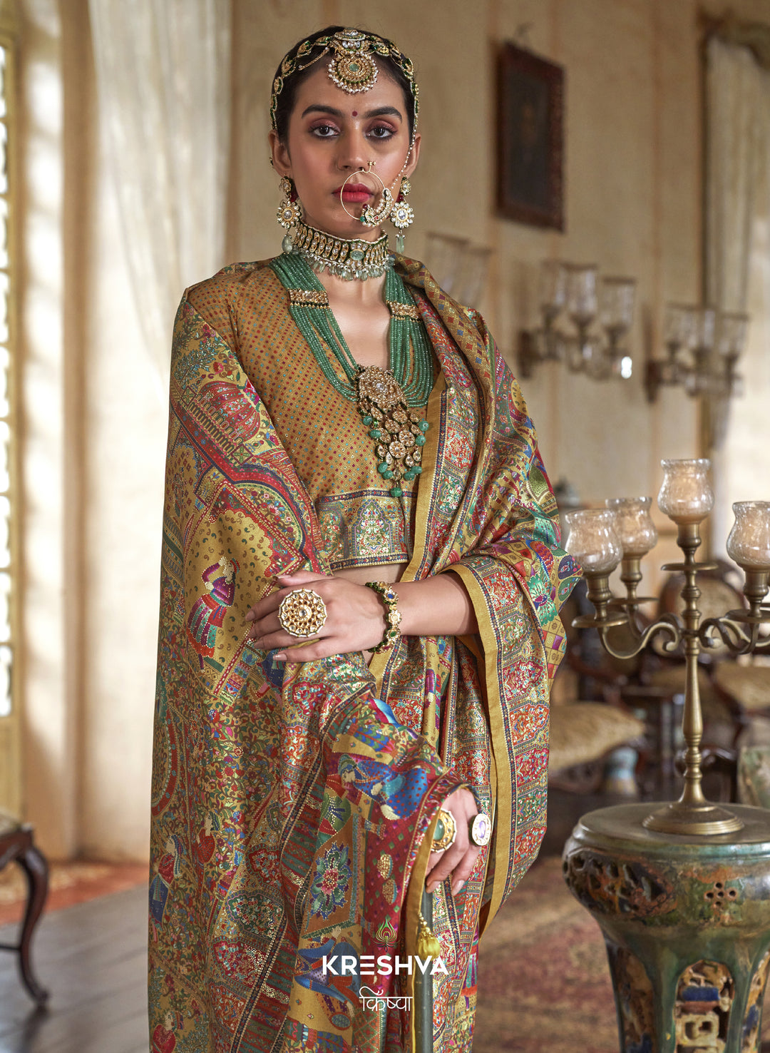 Antique Gold Heritage Pashmina Inspired Designer Saree with Multicolour Royal Border