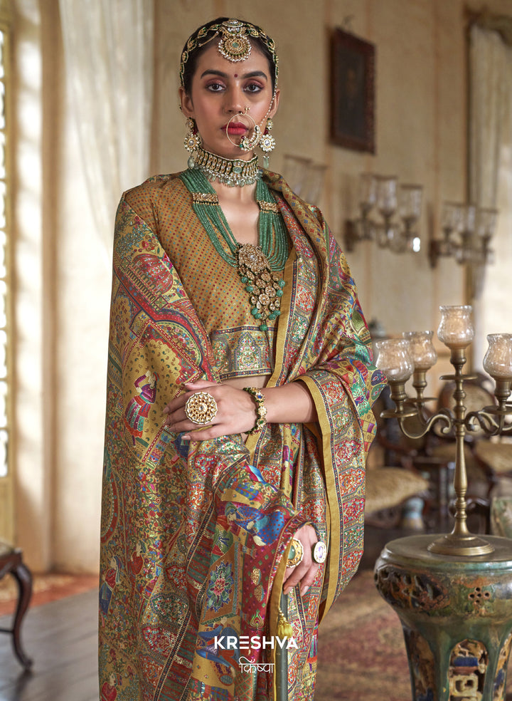 Antique Gold Heritage Pashmina Inspired Designer Saree with Multicolour Royal Border