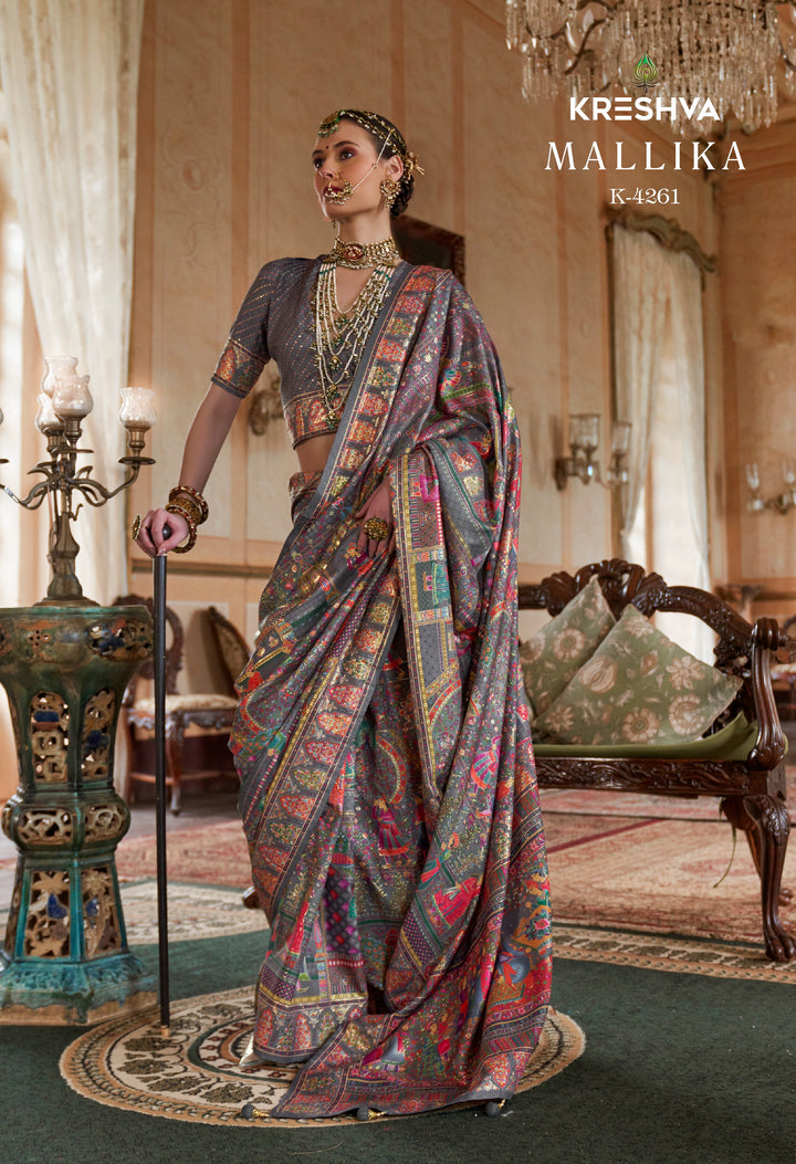 Smoky Grey Heritage Pashmina Inspired Designer Saree with Multicolour Royal Border