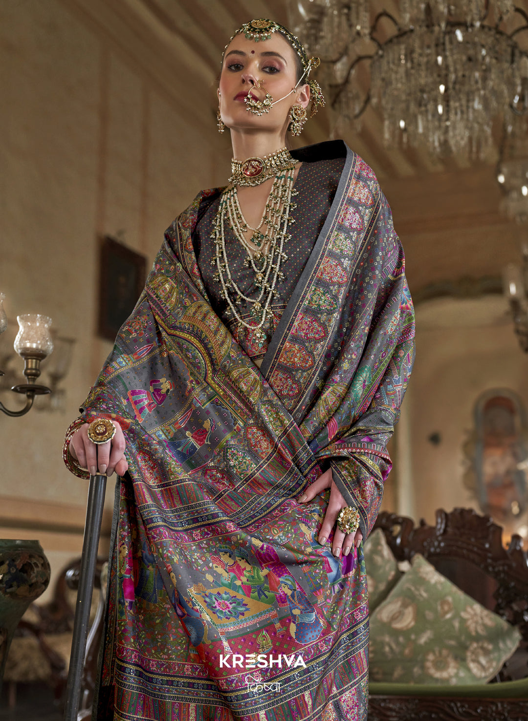 Smoky Grey Heritage Pashmina Inspired Designer Saree with Multicolour Royal Border