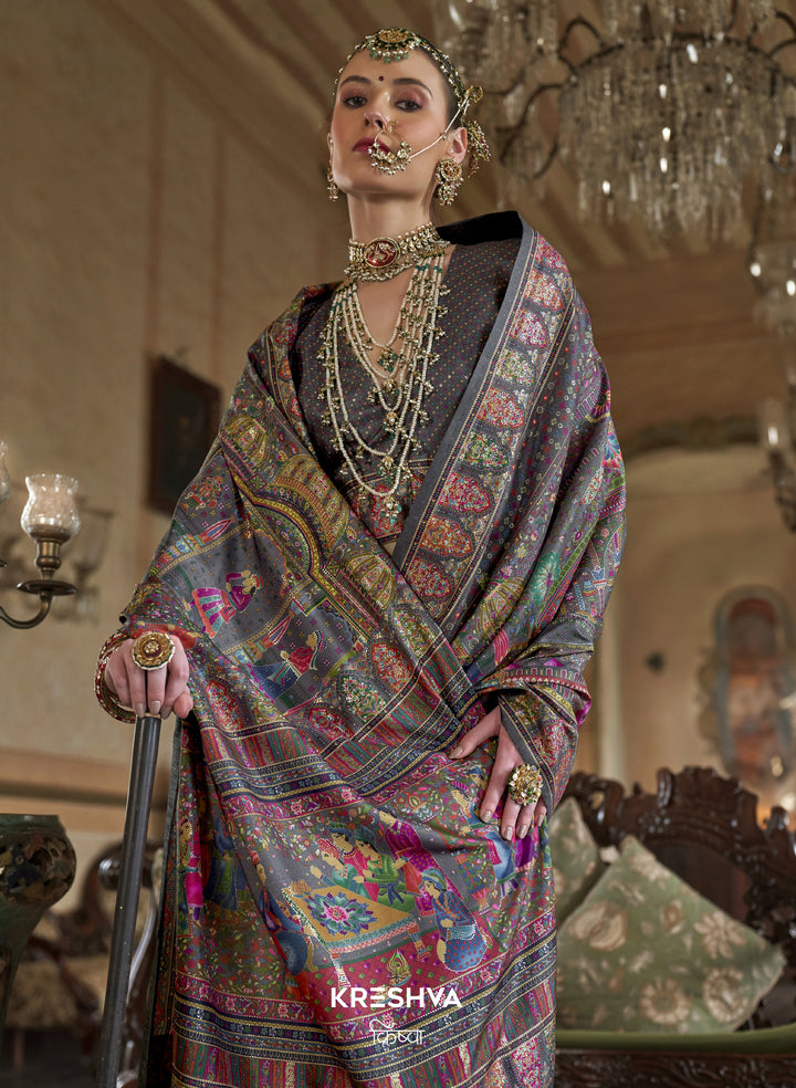 Smoky Grey Heritage Pashmina Inspired Designer Saree with Multicolour Royal Border