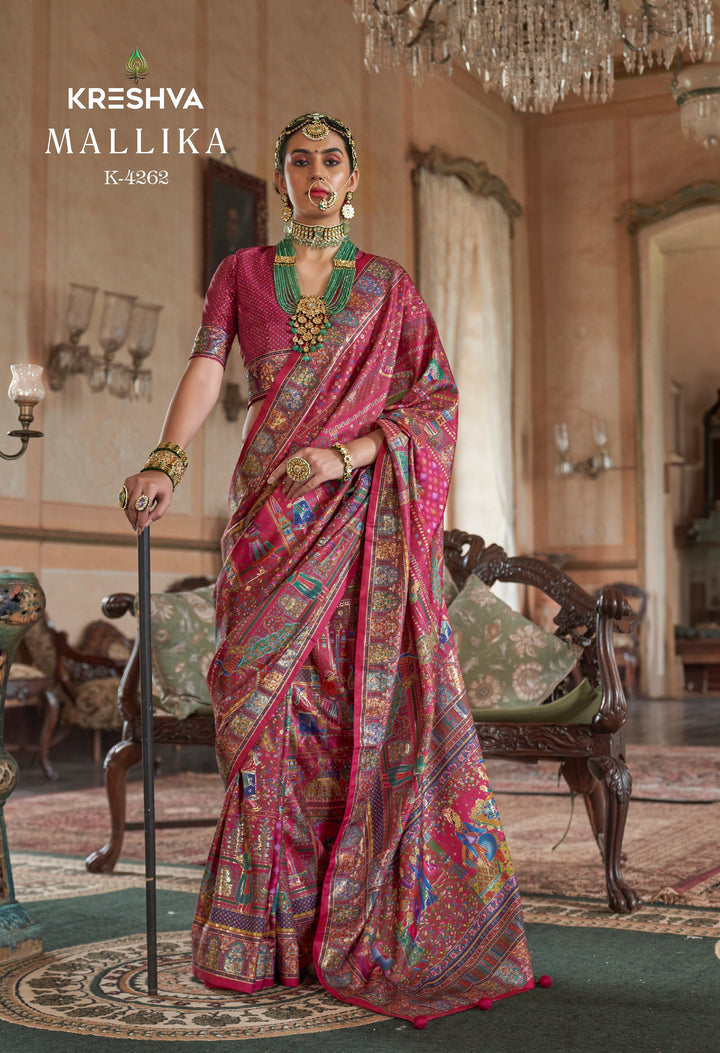 Rani Pink Heritage Pashmina Inspired Designer Saree with Multicolour Royal Border