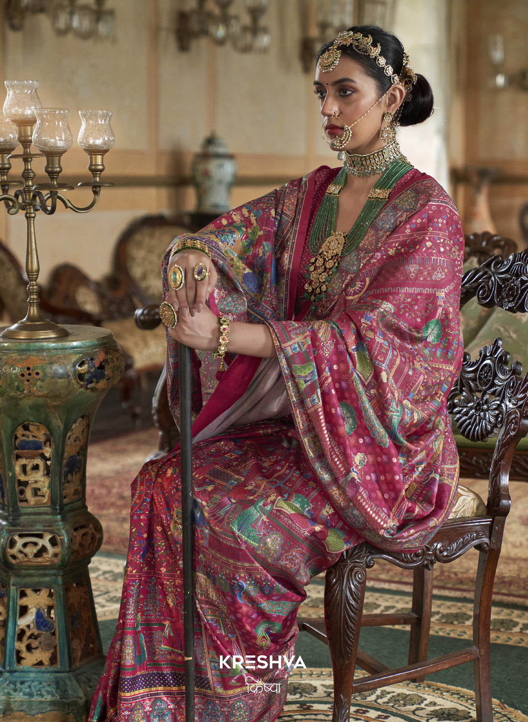 Rani Pink Heritage Pashmina Inspired Designer Saree with Multicolour Royal Border