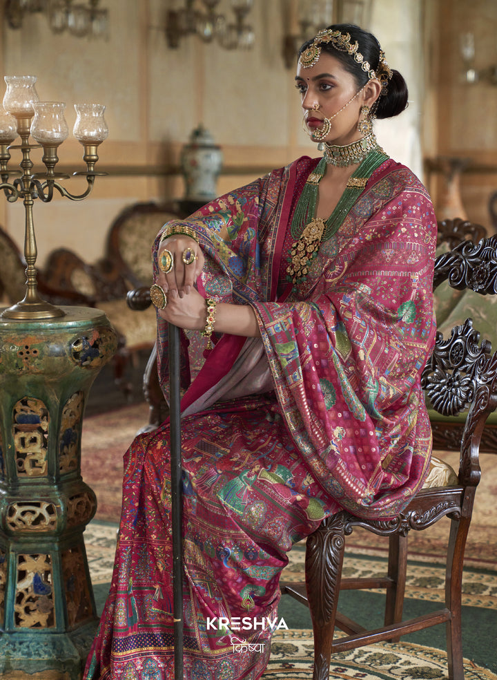 Rani Pink Heritage Pashmina Inspired Designer Saree with Multicolour Royal Border