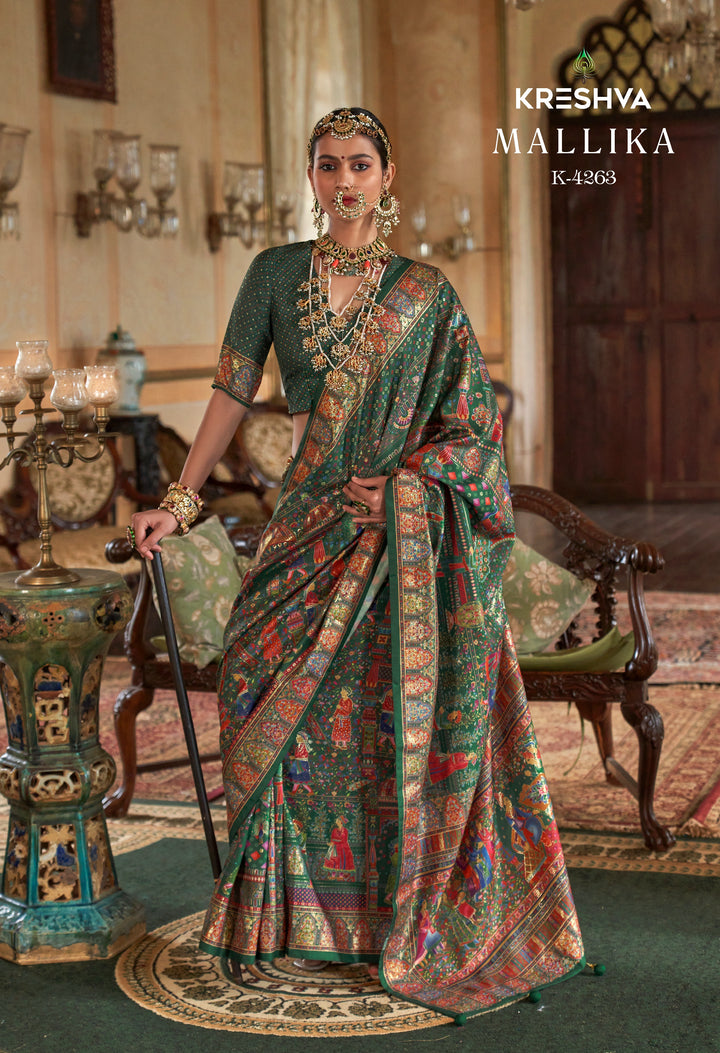 Mehendi Green Heritage Pashmina Inspired Designer Saree with Royal Multicolour Border