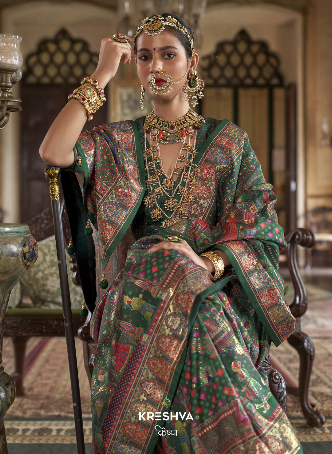 Mehendi Green Heritage Pashmina Inspired Designer Saree with Royal Multicolour Border