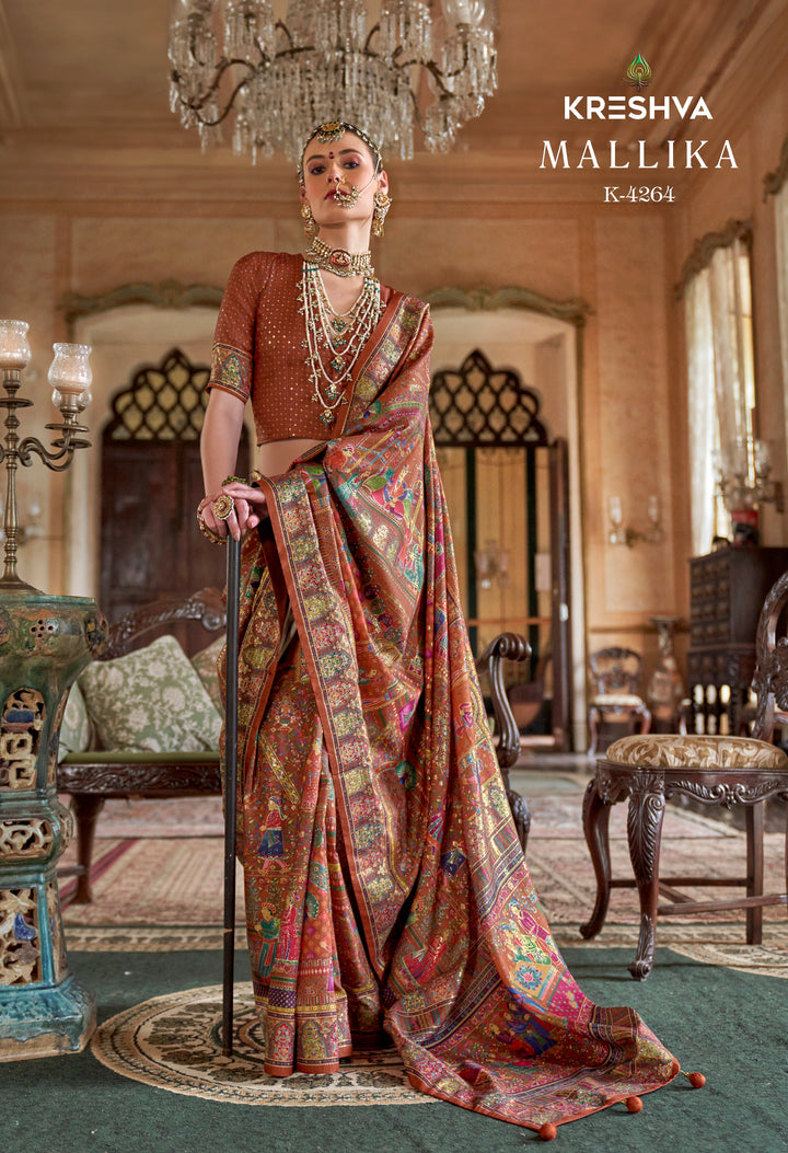 Copper Rust Heritage Pashmina Inspired Designer Saree with Royal Multicolour Border