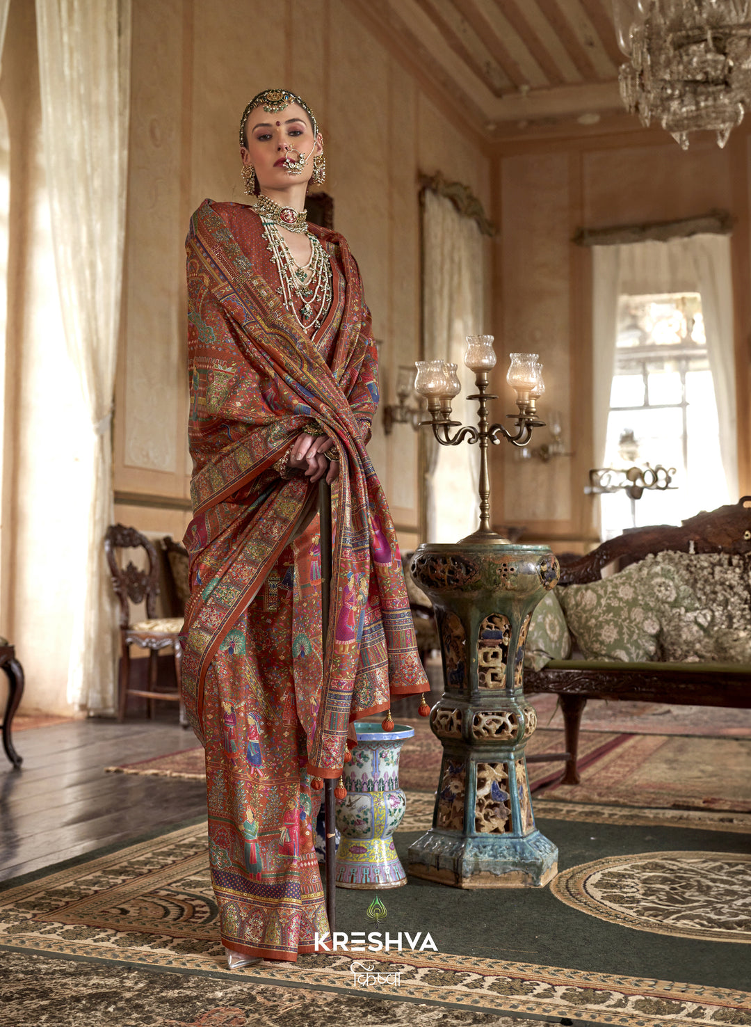 Copper Rust Heritage Pashmina Inspired Designer Saree with Royal Multicolour Border