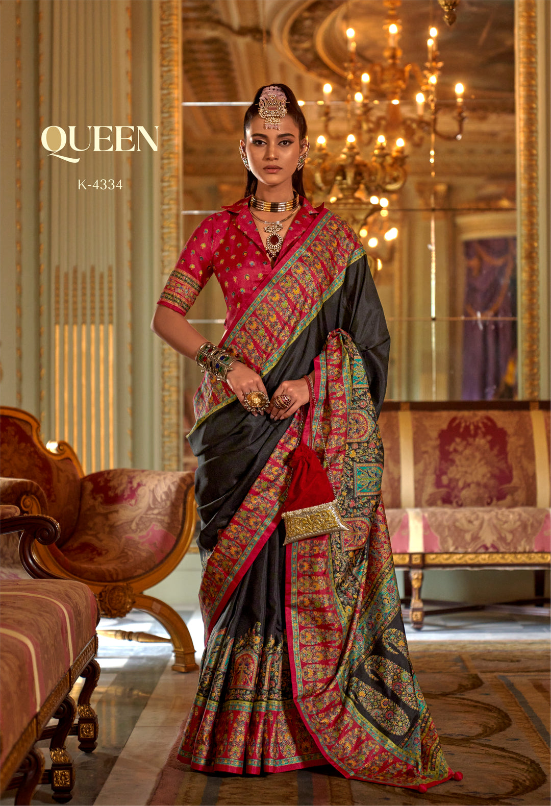 Charcoal Black Designer Silk Saree with Floral Heritage Woven Border