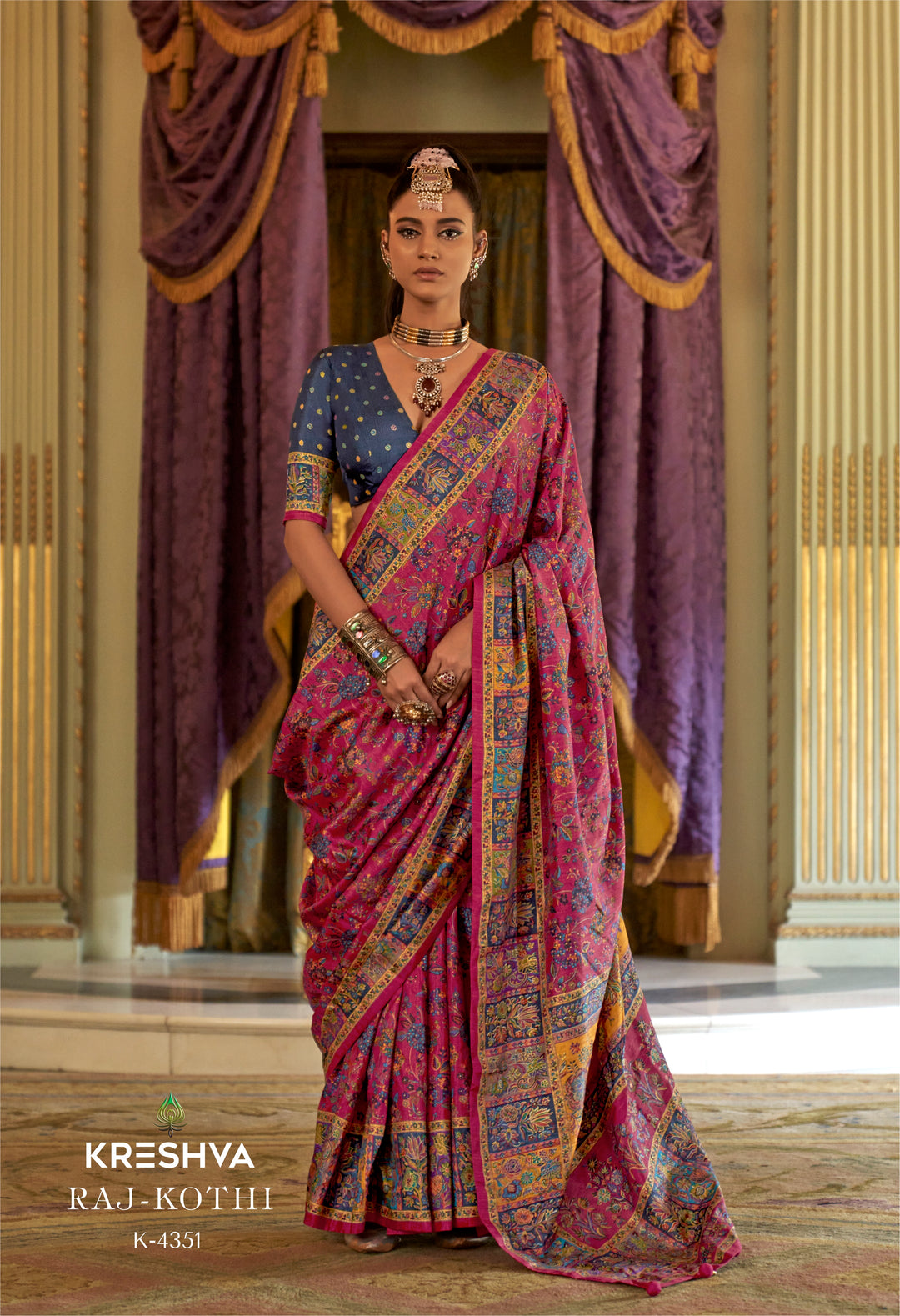 Rani Pink Pashmina Inspired Heritage Print Saree with Navy Blue Blouse