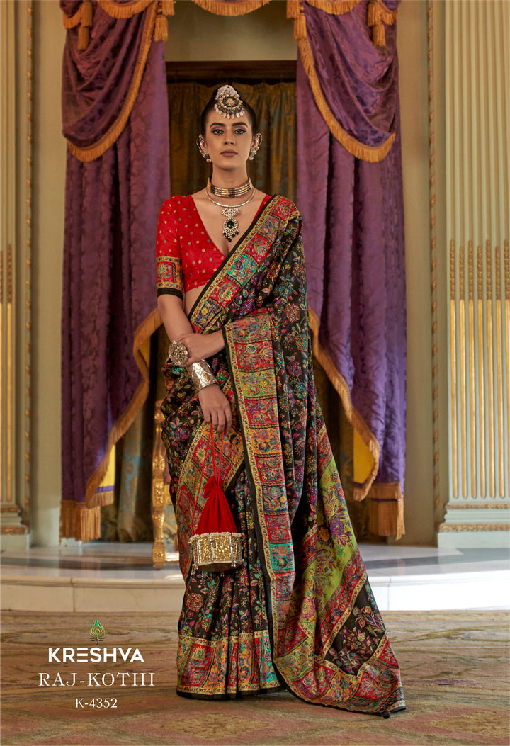 Royal Black Pashmina Inspired Heritage Print Saree with Red Blouse