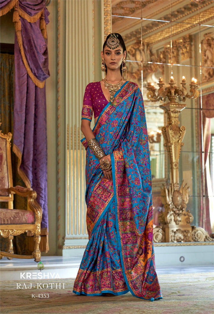 Royal Teal Blue Pashmina Inspired Heritage Print Saree with Magenta Blouse