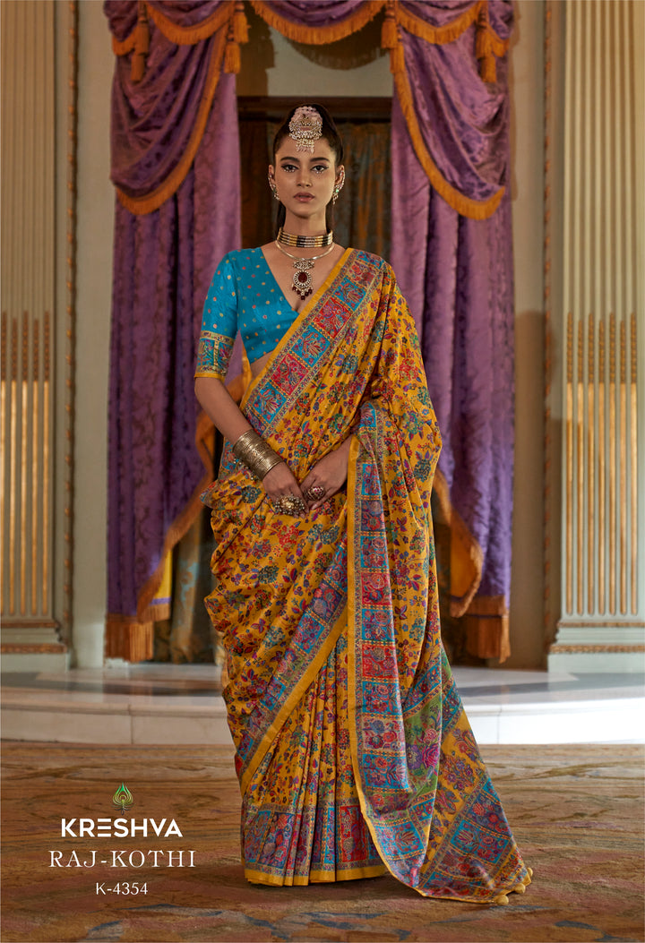 Mustard Yellow Pashmina Inspired Heritage Print Saree with Teal Blue Blouse