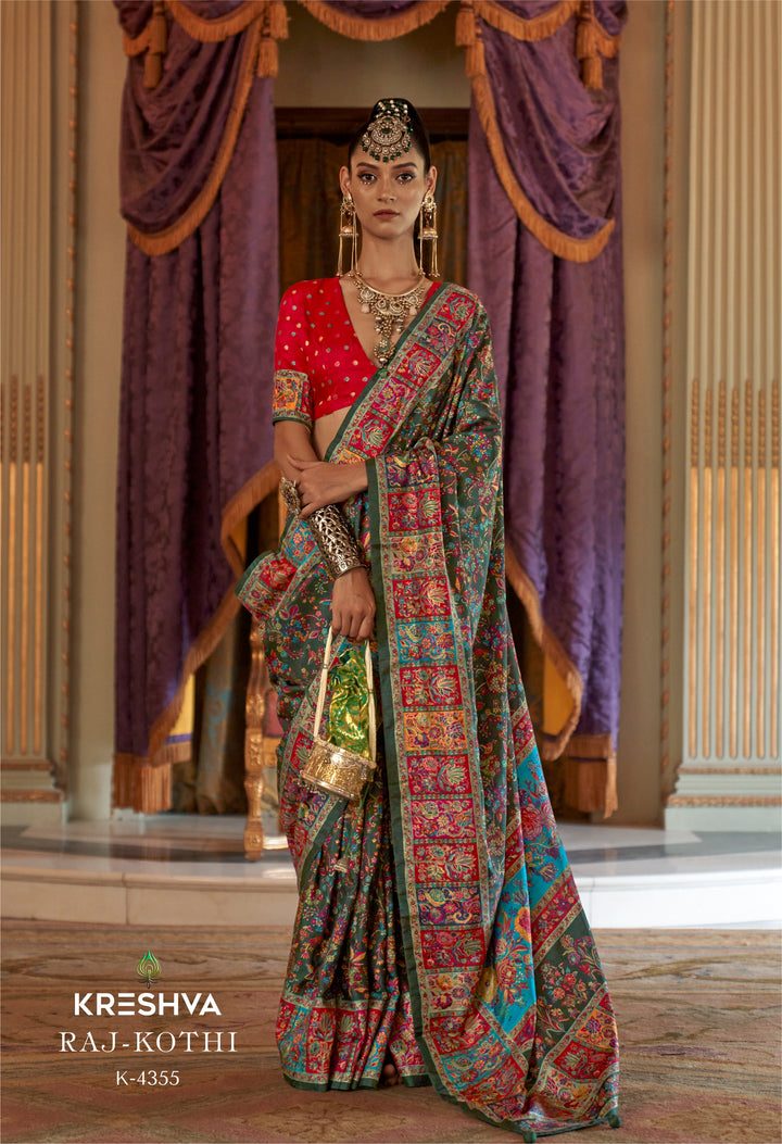 Deep Olive Green Pashmina Inspired Heritage Print Saree with Red Blouse