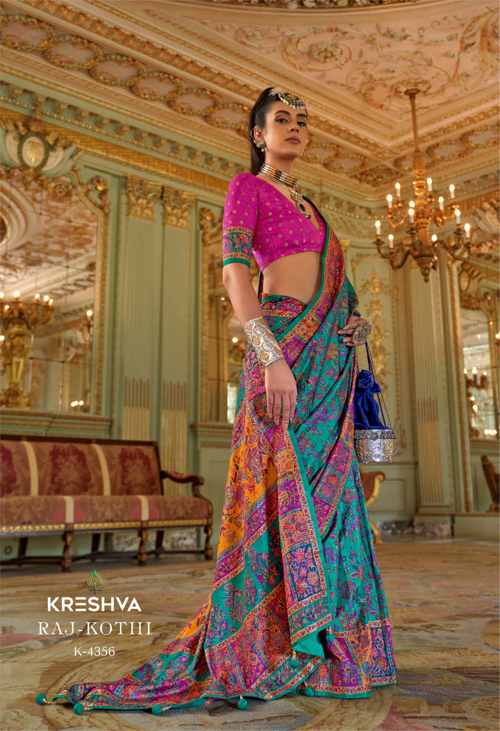 Teal Green Pashmina Inspired Heritage Print Saree with Rani Pink Blouse