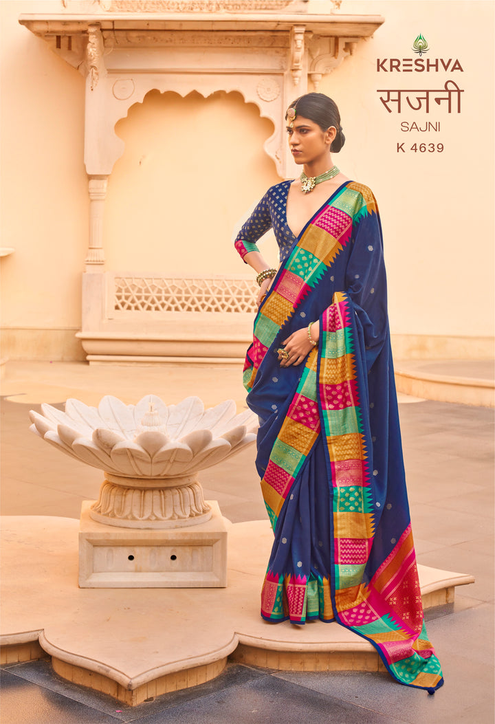 Royal Blue Designer Silk Saree with Multicolour Contrast Zari Border & Rich Traditional Pallu