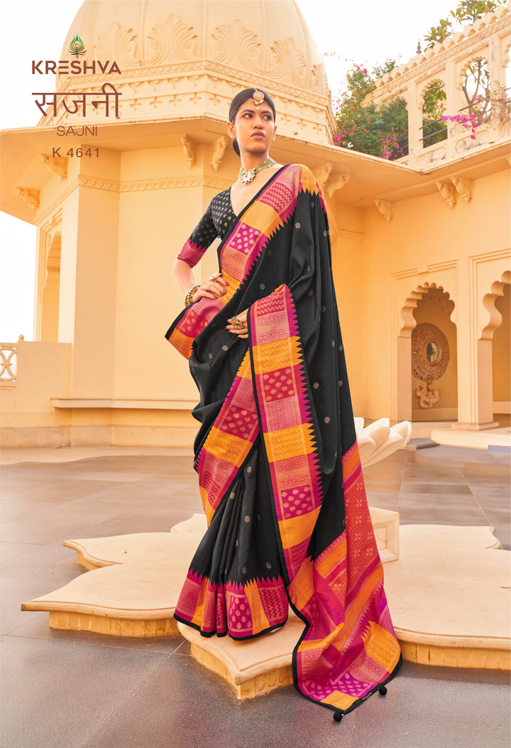 Classic Black Designer Silk Saree with Magenta & Mustard Contrast Zari Border