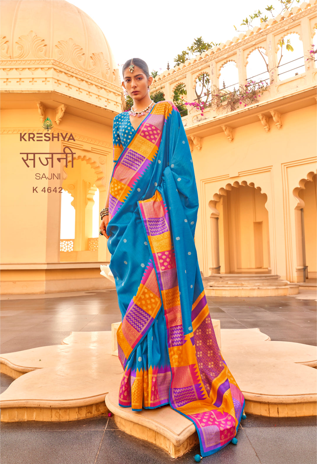 Sky Blue Designer Silk Saree with Magenta & Mustard Contrast Zari Border