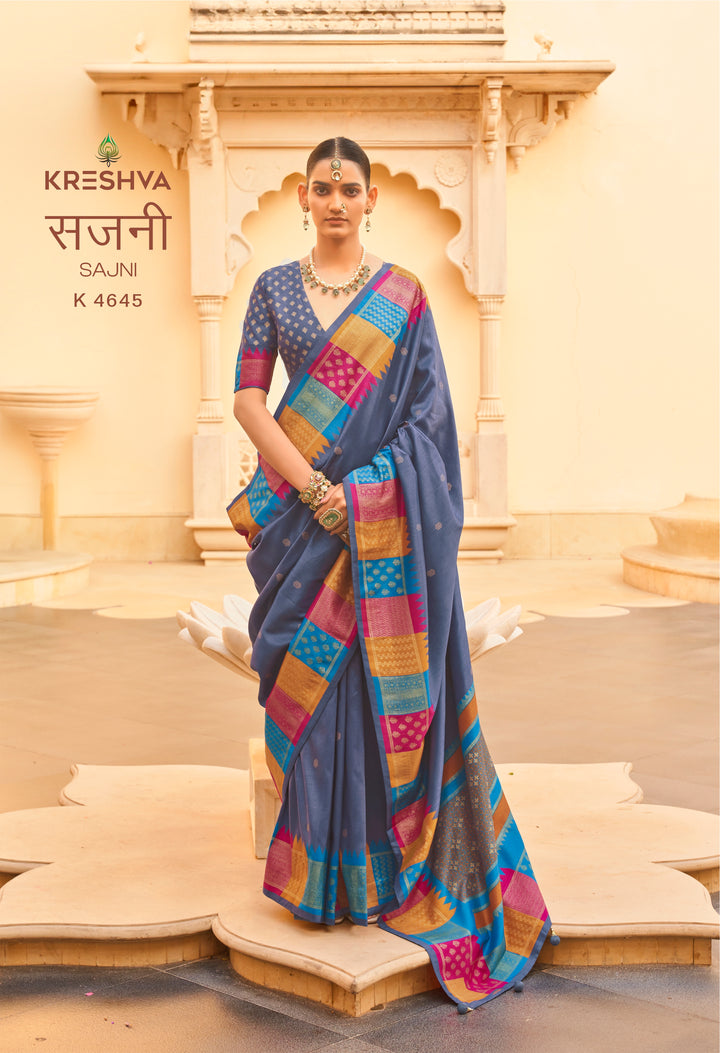 Steel Blue Designer Silk Saree with Multicolor Contrast Zari Border