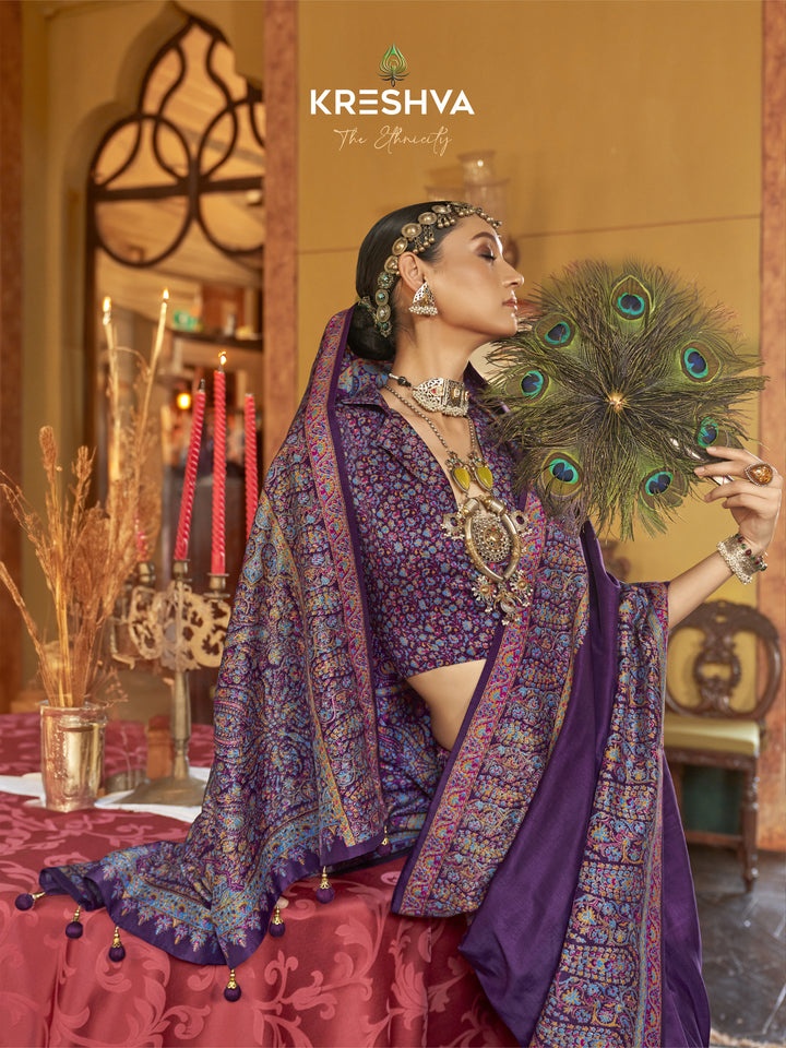 Royal Purple Heritage Pashmina Inspired Designer Saree with Multicolour Traditional Border
