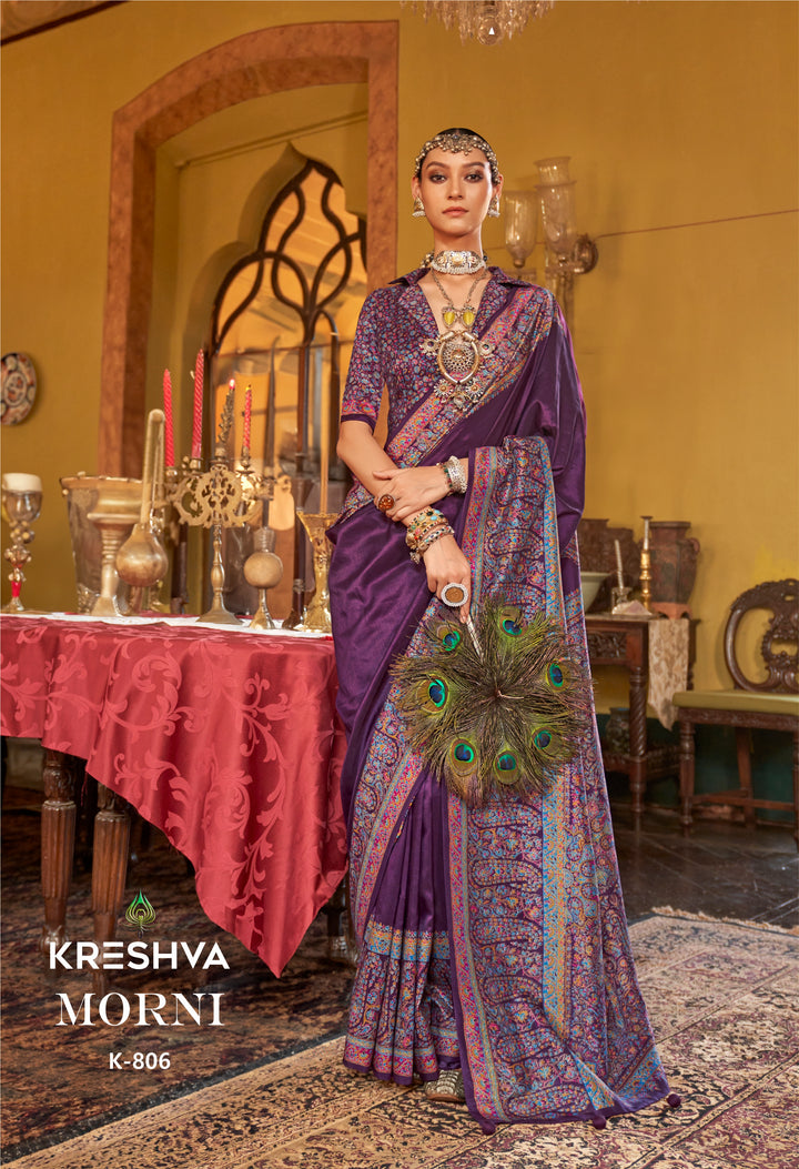 Royal Purple Heritage Pashmina Inspired Designer Saree with Multicolour Traditional Border
