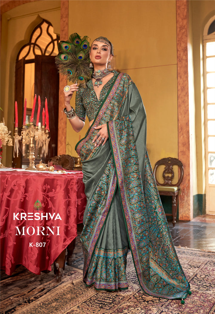 Olive Green Heritage Pashmina Inspired Designer Saree with Multicolour Traditional Border