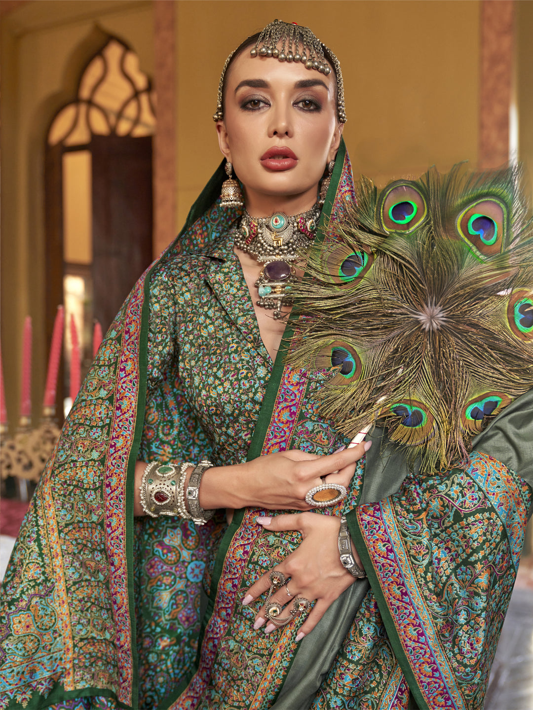 Olive Green Heritage Pashmina Inspired Designer Saree with Multicolour Traditional Border