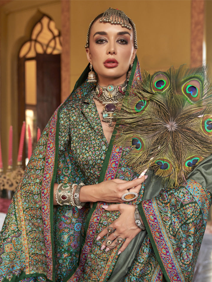 Olive Green Heritage Pashmina Inspired Designer Saree with Multicolour Traditional Border