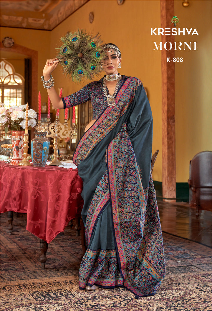 Charcoal Grey Heritage Pashmina Inspired Designer Saree with Multicolour Traditional Border