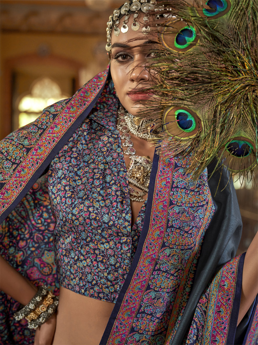 Charcoal Grey Heritage Pashmina Inspired Designer Saree with Multicolour Traditional Border