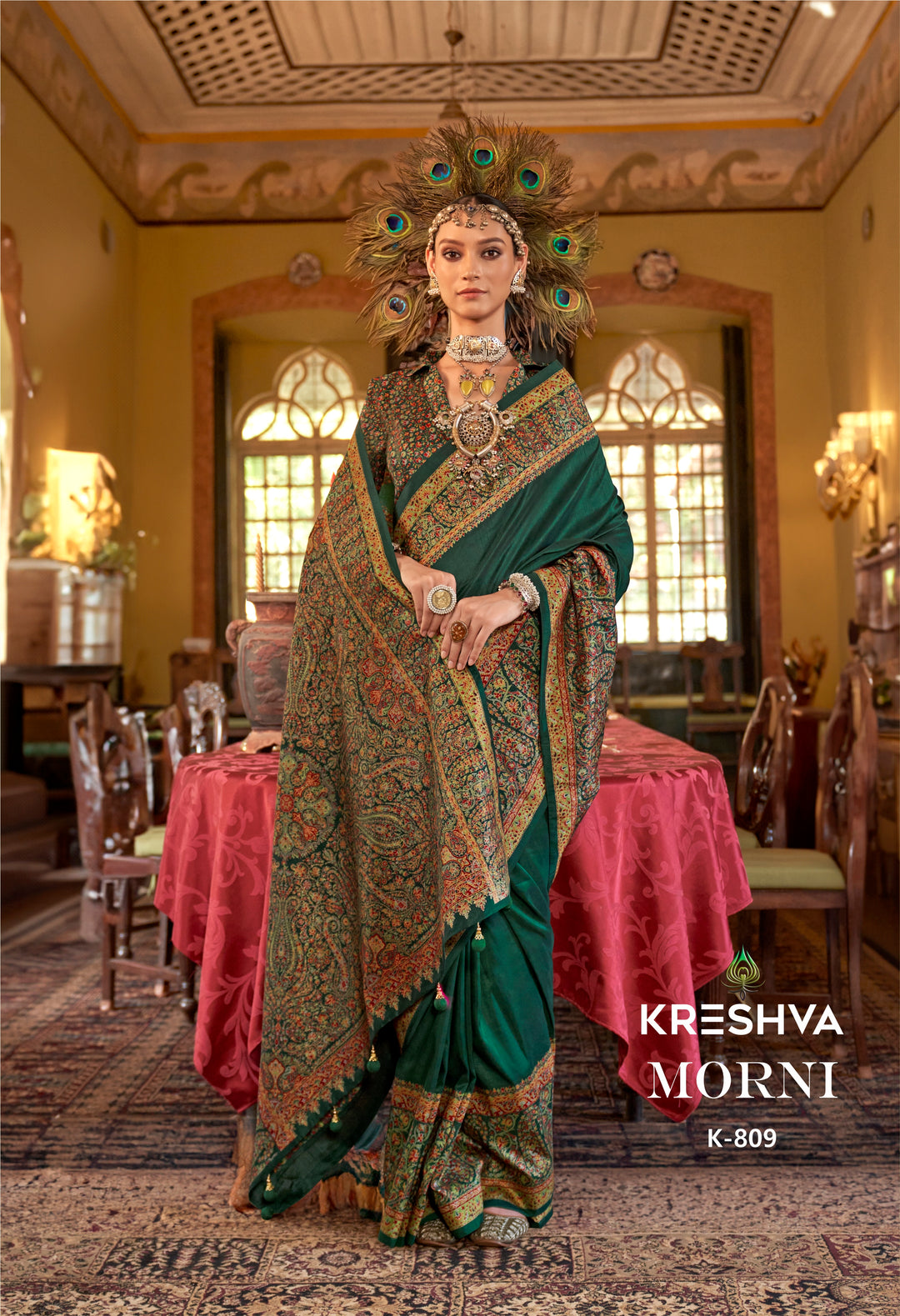 Emerald Green Heritage Pashmina Inspired Designer Saree with Intricate Paisley Border