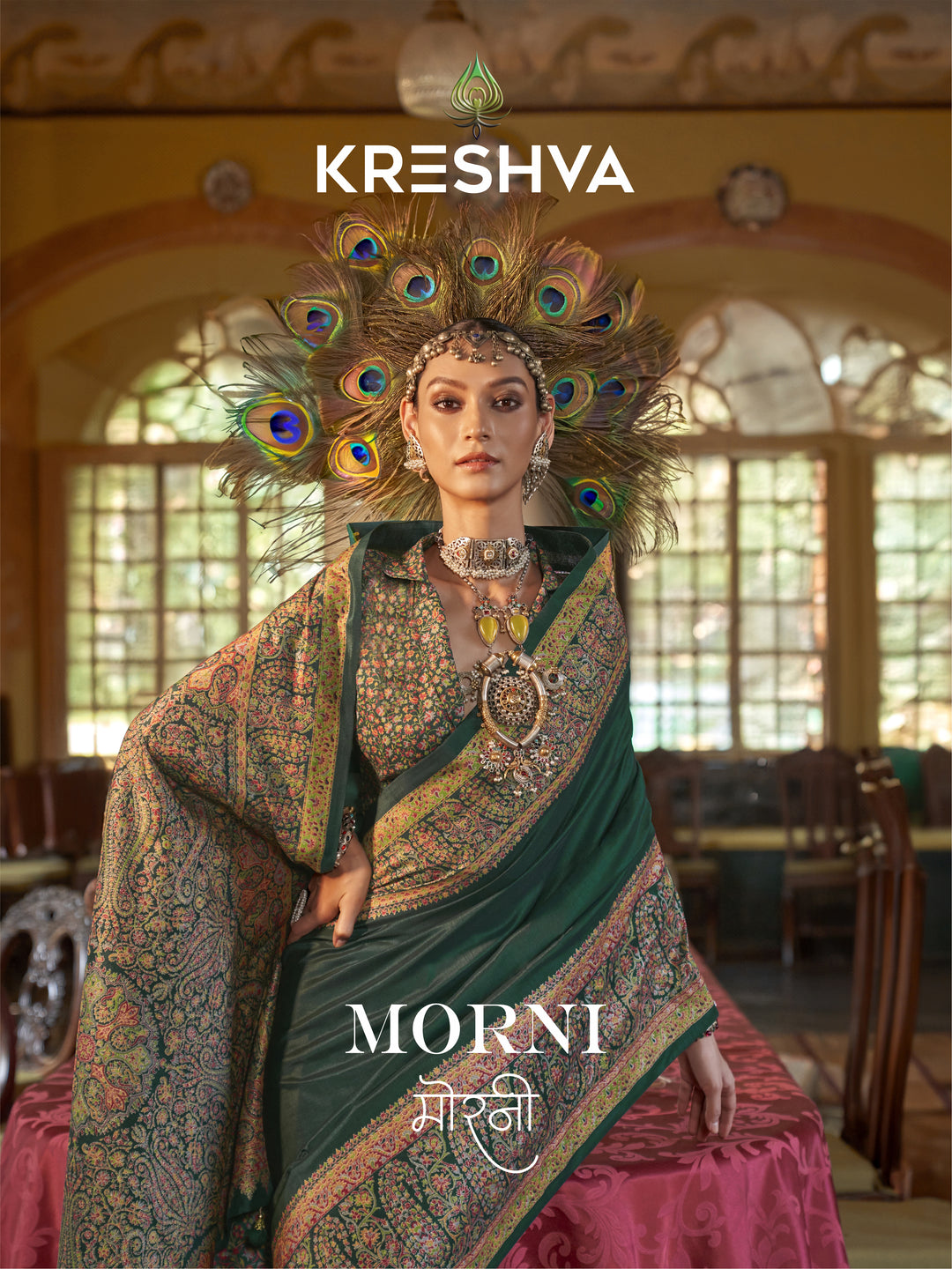 Emerald Green Heritage Pashmina Inspired Designer Saree with Intricate Paisley Border