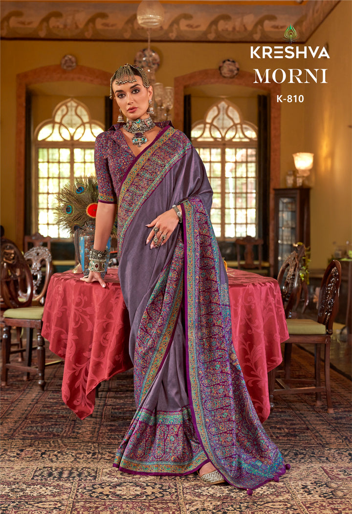 Lavender Mauve Heritage Pashmina Inspired Designer Saree with Intricate Traditional Border