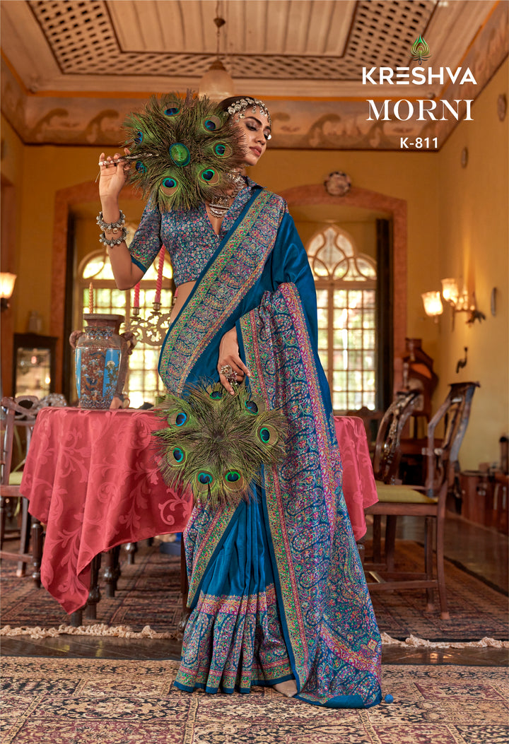 Royal Blue Heritage Pashmina Inspired Designer Saree with Intricate Traditional Border