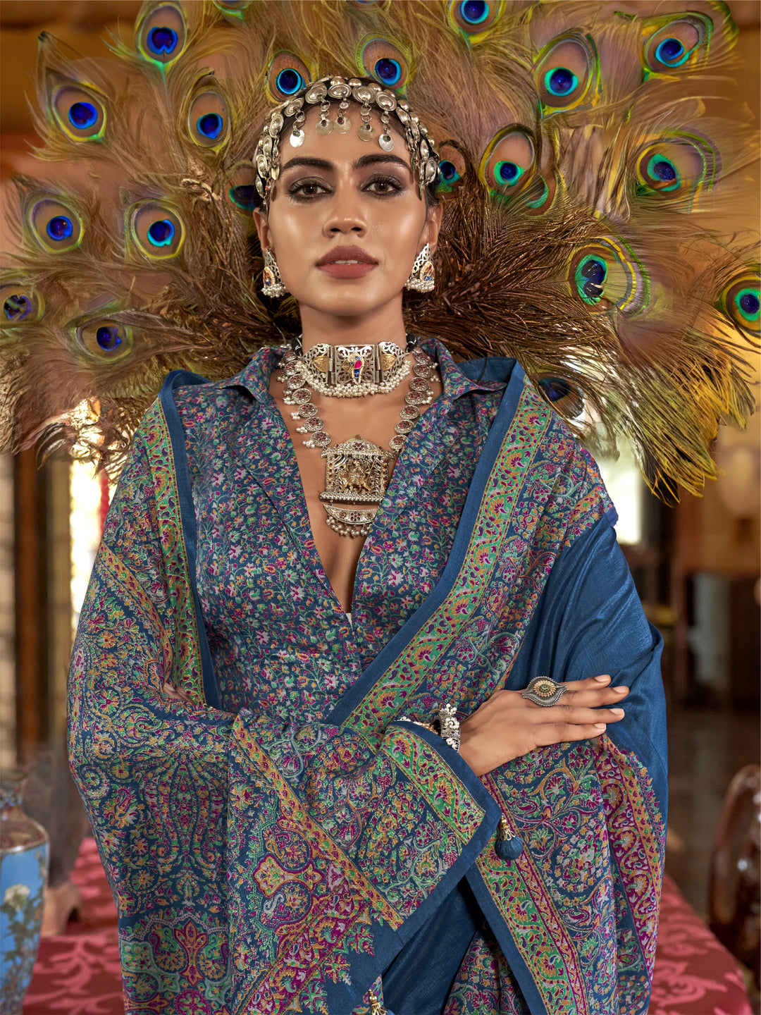 Royal Blue Heritage Pashmina Inspired Designer Saree with Intricate Traditional Border