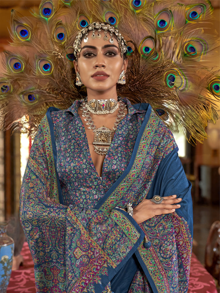 Royal Blue Heritage Pashmina Inspired Designer Saree with Intricate Traditional Border
